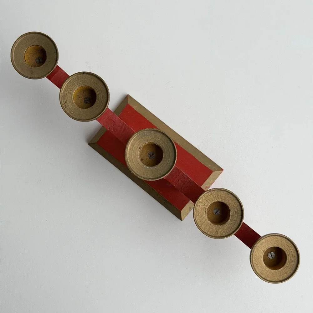 Vintage Scandinavian Taper Candelabra Red Folk‎ Art Hand Painted Gold Floral